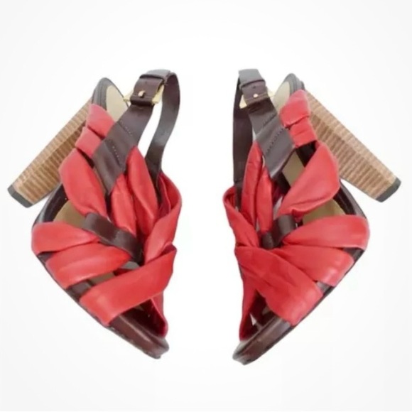 L.A.M.B Red Leather Twist Wood Stacked High Heels Women Size 7M red & brown - Picture 3 of 15